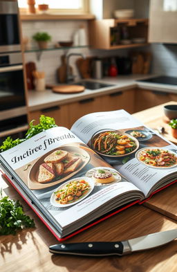A beautifully designed cookbook open on a kitchen countertop, showcasing vibrant colorful dishes with fresh ingredients like herbs, vegetables, and fruits surrounding the pages
