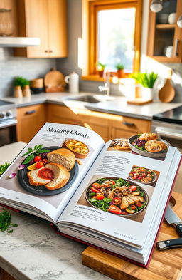 A beautifully designed cookbook open on a kitchen countertop, showcasing vibrant colorful dishes with fresh ingredients like herbs, vegetables, and fruits surrounding the pages