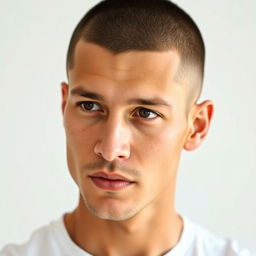 A close-up portrait of an adult male with a buzz cut hairstyle, showcasing the clean and sharp texture of the hair