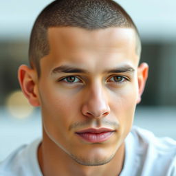 A close-up portrait of an adult male with a buzz cut hairstyle, showcasing the clean and sharp texture of the hair