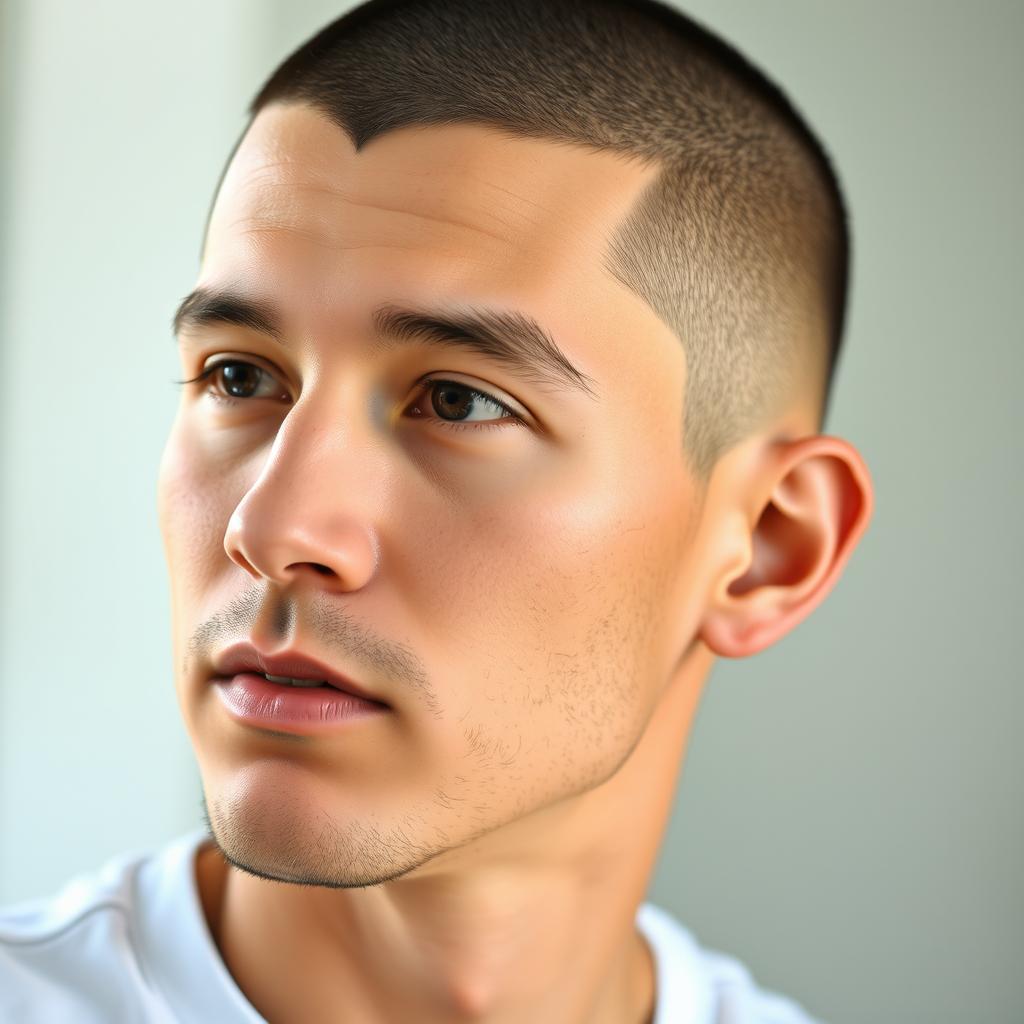 A close-up portrait of an adult male with a buzz cut hairstyle, showcasing the clean and sharp texture of the hair