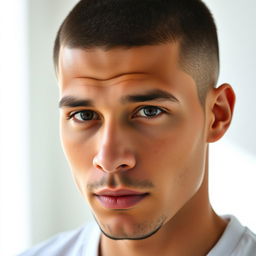 A close-up portrait of an adult male with a buzz cut hairstyle, showcasing the clean and sharp texture of the hair