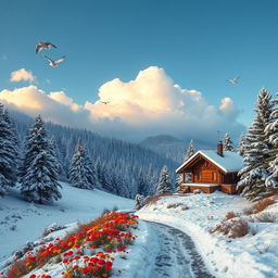 A stunning winter landscape featuring the mountains of Shimla adorned with a thick blanket of fresh snow