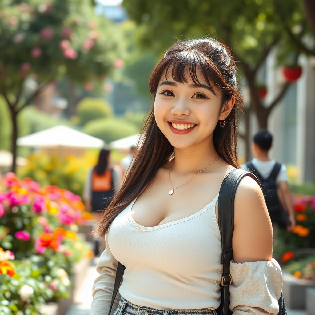 A beautiful South Korean-English college student with large, round breasts, exuding a flirty and playful charm