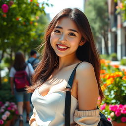 A beautiful South Korean-English college student with large, round breasts, exuding a flirty and playful charm