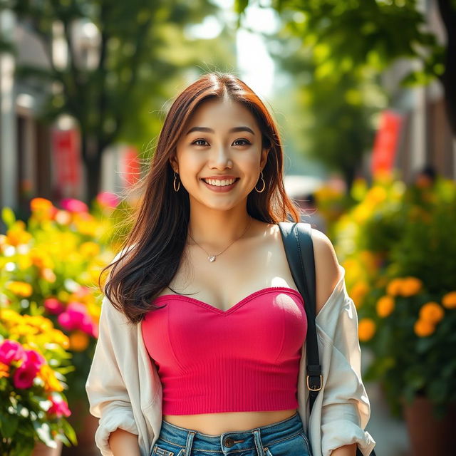 A beautiful South Korean-English college student with large, round breasts, exuding a flirty and playful charm