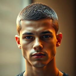 A close-up portrait of a person with a stylish buzzcut hairstyle, showcasing the clean, even cut and texture of the hair