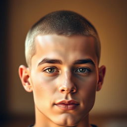 A close-up portrait of a person with a stylish buzzcut hairstyle, showcasing the clean, even cut and texture of the hair