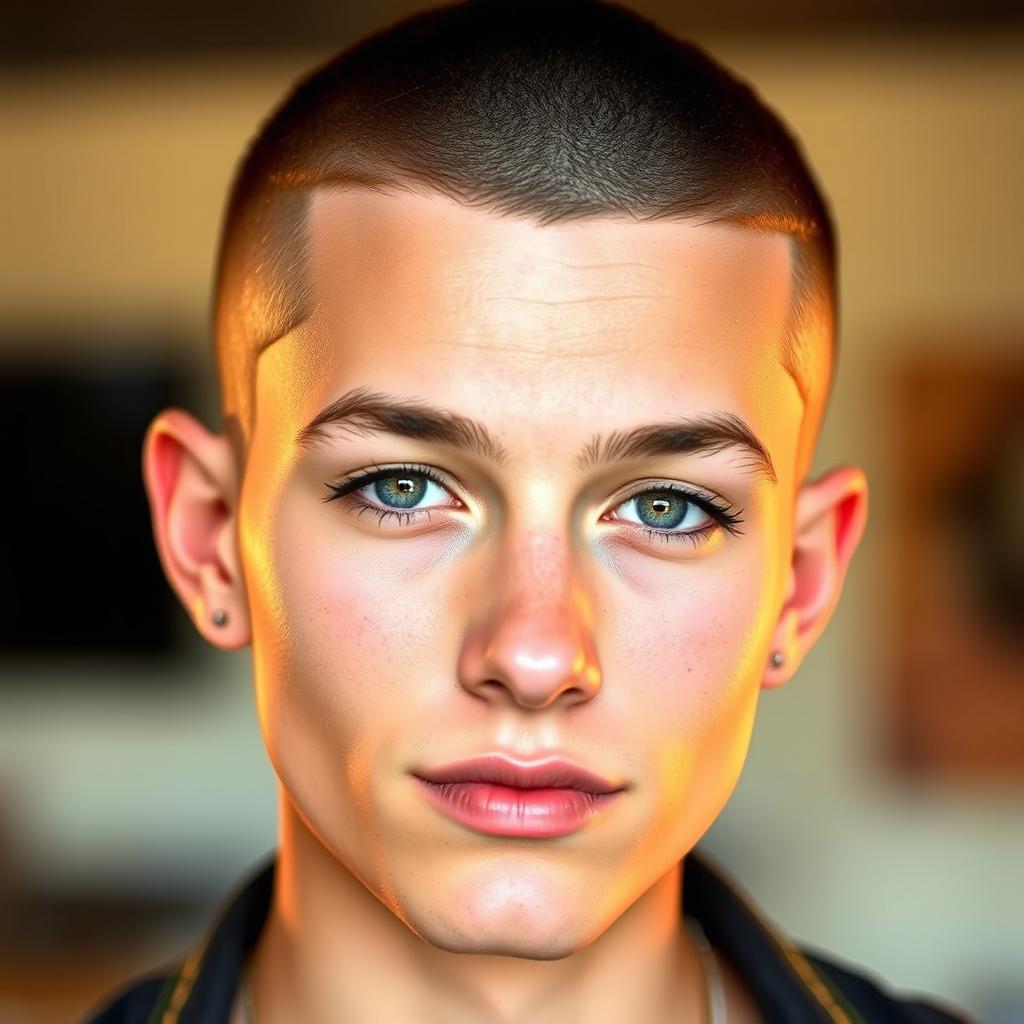 A close-up portrait of a person with a stylish buzzcut hairstyle, showcasing the clean, even cut and texture of the hair