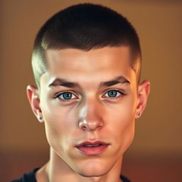 A close-up portrait of a person with a stylish buzzcut hairstyle, showcasing the clean, even cut and texture of the hair