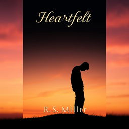 A minimalist book cover featuring a 2D silhouette of a sad man with his head bowed down, surrounded by a melancholic sunset