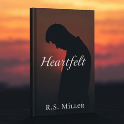 A minimalist book cover featuring a 2D silhouette of a sad man with his head bowed, set against a melancholic sunset background with warm hues of oranges and purples