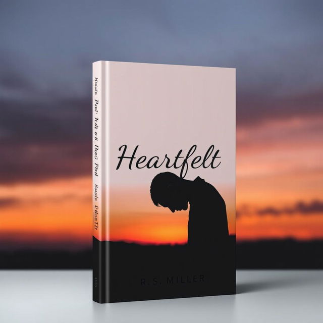 A minimalist book cover featuring a 2D silhouette of a sad man with his head bowed, set against a melancholic sunset background with warm hues of oranges and purples