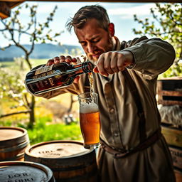 A man skillfully pouring cider from a traditional bottle into a glass in a rustic setting, showcasing the art of escanciar sidra