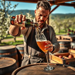 A man skillfully pouring cider from a traditional bottle into a glass in a rustic setting, showcasing the art of escanciar sidra