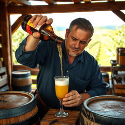 A man skillfully pouring cider from a traditional bottle into a glass in a rustic setting, showcasing the art of escanciar sidra