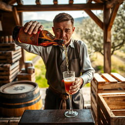 A man skillfully pouring cider from a traditional bottle into a glass in a rustic setting, showcasing the art of escanciar sidra