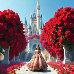 A breathtaking fantasy poster featuring a grand castle adorned with countless vibrant red roses, creating a magical and enchanting atmosphere