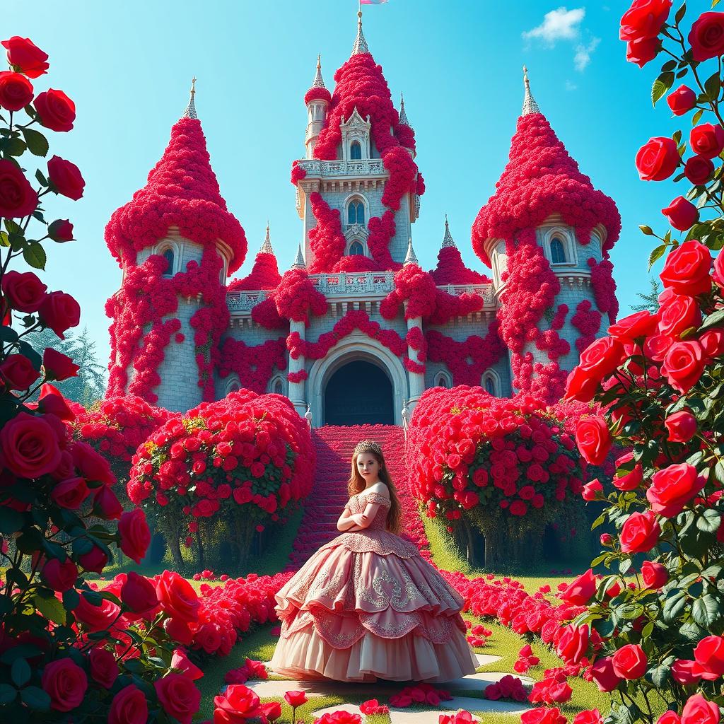 A breathtaking fantasy poster featuring a grand castle adorned with countless vibrant red roses, creating a magical and enchanting atmosphere