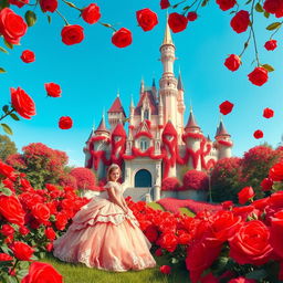 A breathtaking fantasy poster featuring a grand castle adorned with countless vibrant red roses, creating a magical and enchanting atmosphere