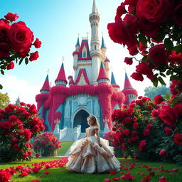 A breathtaking fantasy poster featuring a grand castle adorned with countless vibrant red roses, creating a magical and enchanting atmosphere