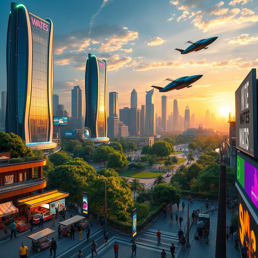 A vibrant and futuristic scene of a city named 'Wates', featuring sleek skyscrapers with colorful neon lights, lush green parks scattered throughout the urban landscape, and bustling streets filled with diverse people