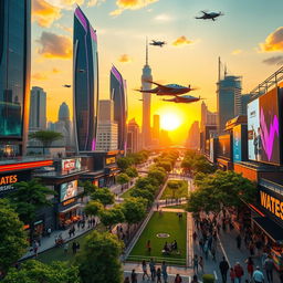 A vibrant and futuristic scene of a city named 'Wates', featuring sleek skyscrapers with colorful neon lights, lush green parks scattered throughout the urban landscape, and bustling streets filled with diverse people
