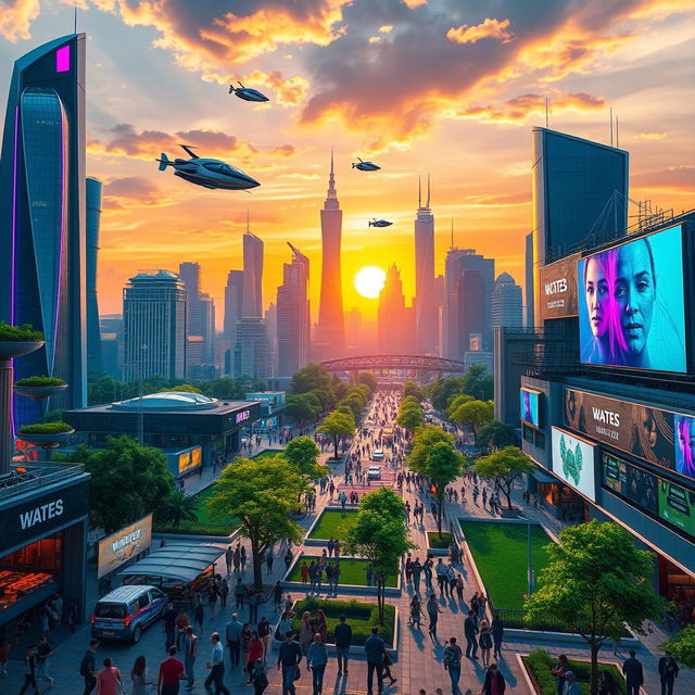 A vibrant and futuristic scene of a city named 'Wates', featuring sleek skyscrapers with colorful neon lights, lush green parks scattered throughout the urban landscape, and bustling streets filled with diverse people