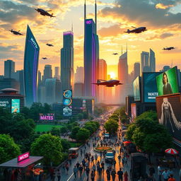 A vibrant and futuristic scene of a city named 'Wates', featuring sleek skyscrapers with colorful neon lights, lush green parks scattered throughout the urban landscape, and bustling streets filled with diverse people