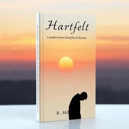 A minimalist book cover featuring a 2D silhouette of a sad man with his head bowed, surrounded by a melancholic sunset that blends soft oranges and deep purples in the sky