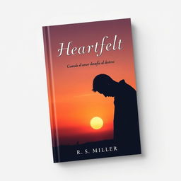 A minimalist book cover featuring a 2D silhouette of a sad man with his head bowed, surrounded by a melancholic sunset that blends soft oranges and deep purples in the sky