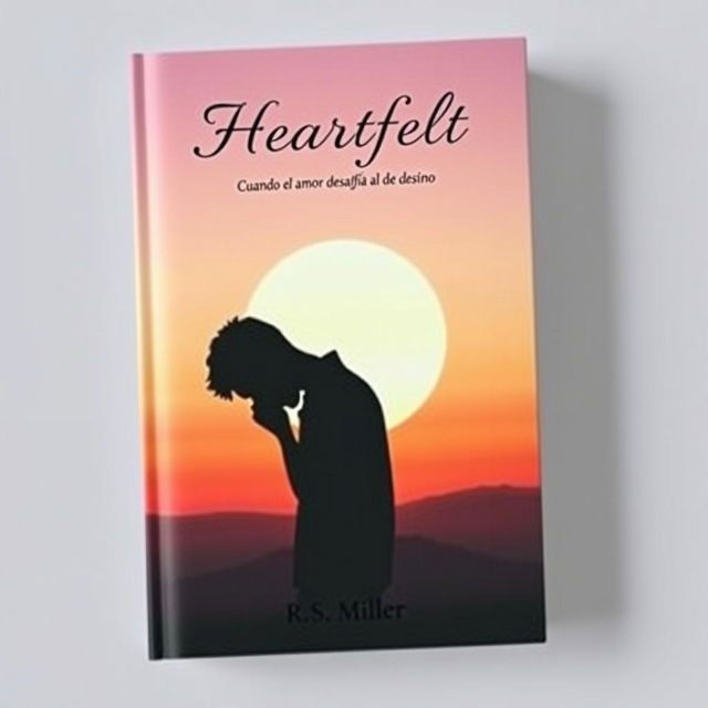 A minimalist book cover featuring a 2D silhouette of a sad man with his head bowed, surrounded by a melancholic sunset that blends soft oranges and deep purples in the sky