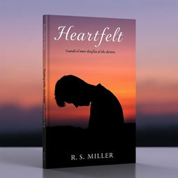 A minimalist book cover featuring a 2D silhouette of a sad man with his head bowed, surrounded by a melancholic sunset that blends soft oranges and deep purples in the sky