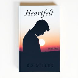 A minimalist book cover featuring a 2D silhouette of a sad man with his head bowed down, enveloped in a melancholic sunset