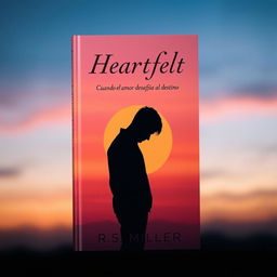 A minimalist book cover featuring a 2D silhouette of a sad man with his head bowed down, enveloped in a melancholic sunset