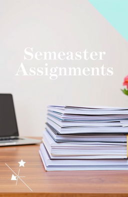 A stylish and professional lookbook cover page for semester assignments, featuring a central image of a neatly arranged stack of academic papers, textbooks, and a laptop on a wooden desk