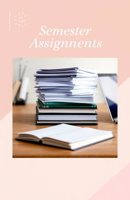 A stylish and professional lookbook cover page for semester assignments, featuring a central image of a neatly arranged stack of academic papers, textbooks, and a laptop on a wooden desk