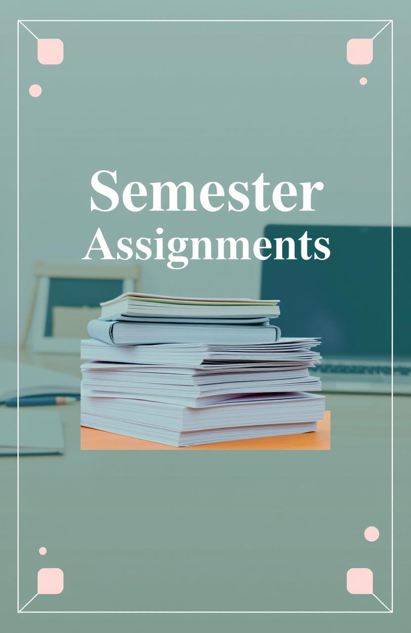 A stylish and professional lookbook cover page for semester assignments, featuring a central image of a neatly arranged stack of academic papers, textbooks, and a laptop on a wooden desk