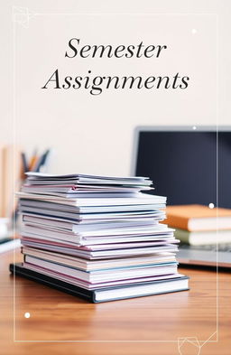 A stylish and professional lookbook cover page for semester assignments, featuring a central image of a neatly arranged stack of academic papers, textbooks, and a laptop on a wooden desk