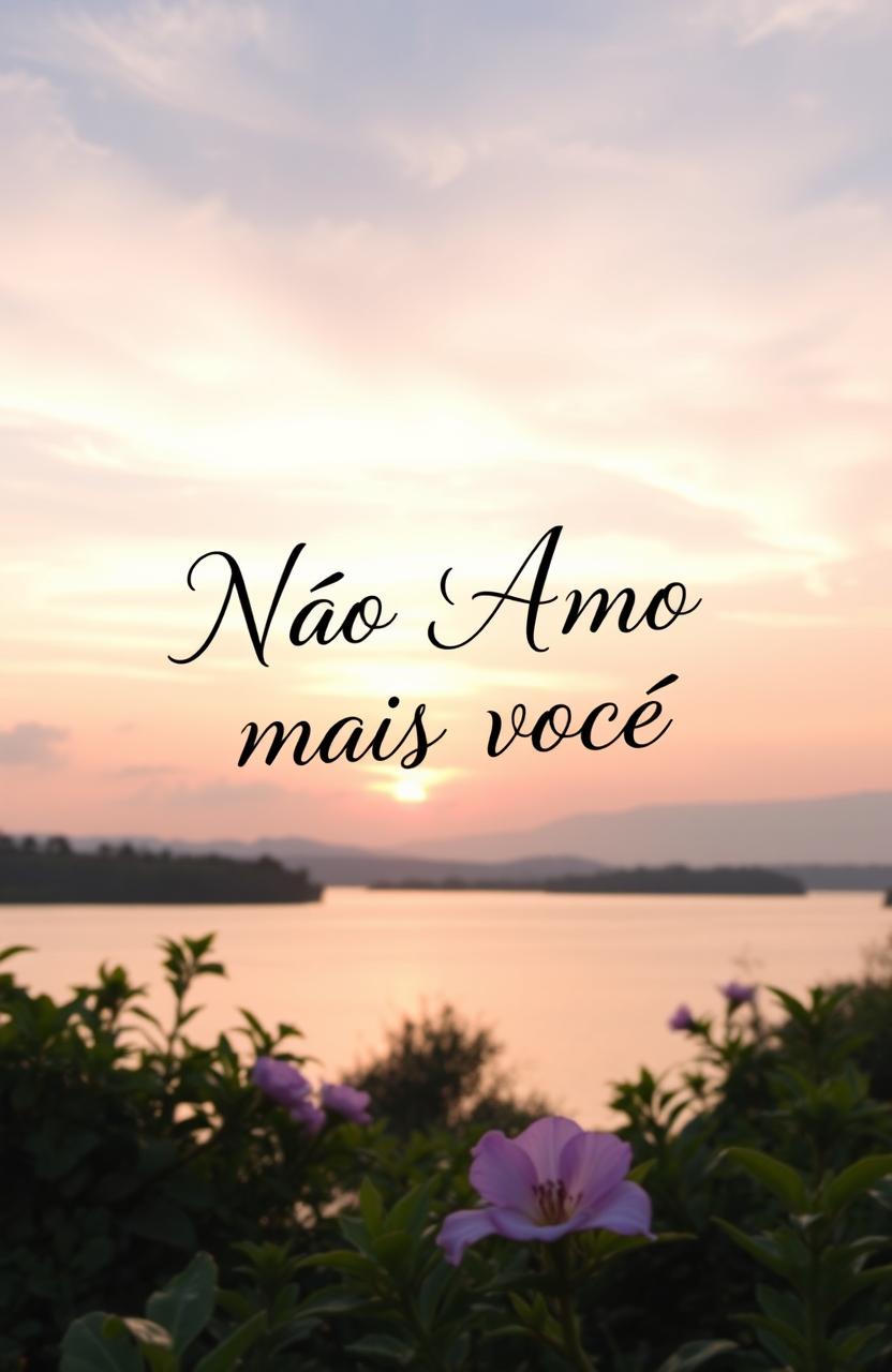 A romantic landscape featuring a sunset over a serene lake, with soft colors blending in the sky, creating a dreamy atmosphere