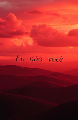 A mesmerizing red-hued landscape, featuring rolling hills and a dramatic sky filled with red and orange clouds, all bathed in warm sunset light