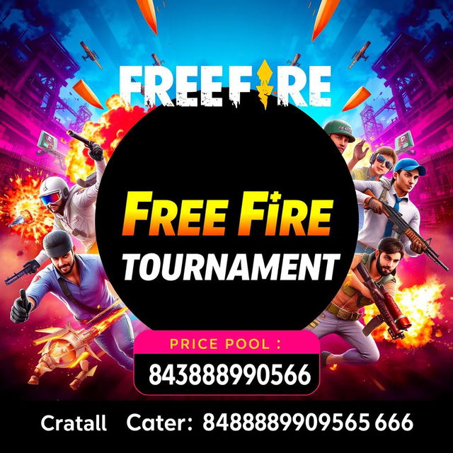 An exciting poster for a Free Fire tournament featuring a dynamic and colorful design