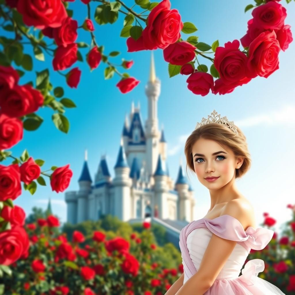 A stunning digital poster featuring a majestic castle adorned with an abundance of vibrant red roses, creating a lush and romantic atmosphere