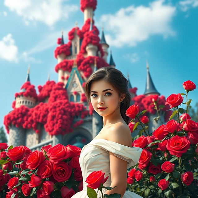 A stunning digital poster featuring a majestic castle adorned with an abundance of vibrant red roses, creating a lush and romantic atmosphere