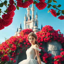 A stunning digital poster featuring a majestic castle adorned with an abundance of vibrant red roses, creating a lush and romantic atmosphere