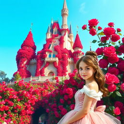 A stunning digital poster featuring a majestic castle adorned with an abundance of vibrant red roses, creating a lush and romantic atmosphere