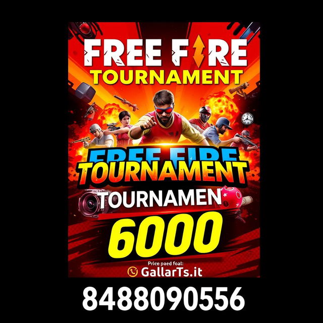 A vibrant and dynamic poster for a Free Fire tournament featuring eye-catching graphics and elements related to gaming