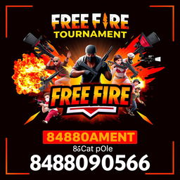 A vibrant and dynamic poster for a Free Fire tournament featuring eye-catching graphics and elements related to gaming