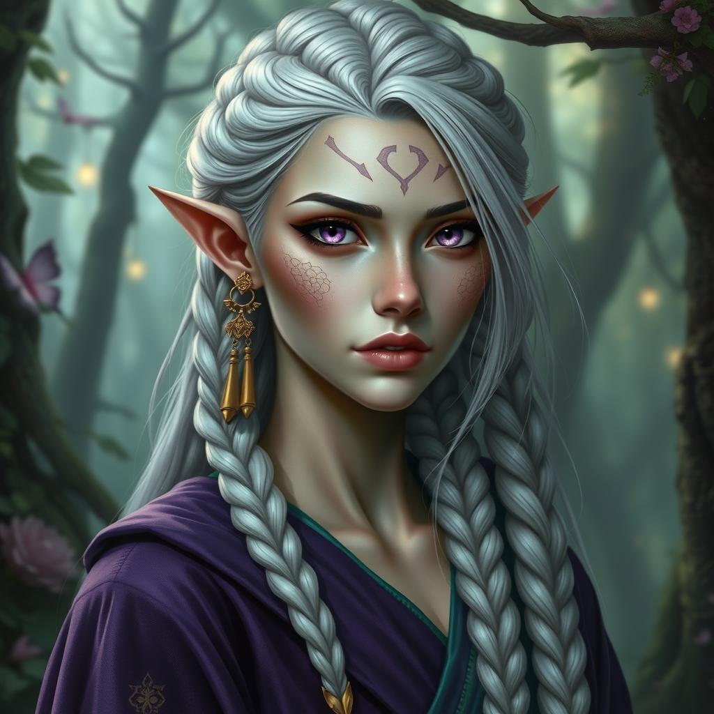 A hyper-realistic depiction of a high fantasy elf woman with dragon scales subtly integrated into her facial features