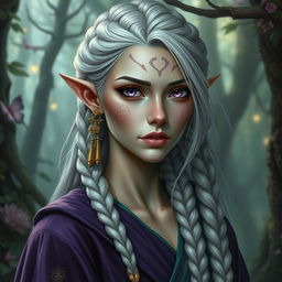 A hyper-realistic depiction of a high fantasy elf woman with dragon scales subtly integrated into her facial features